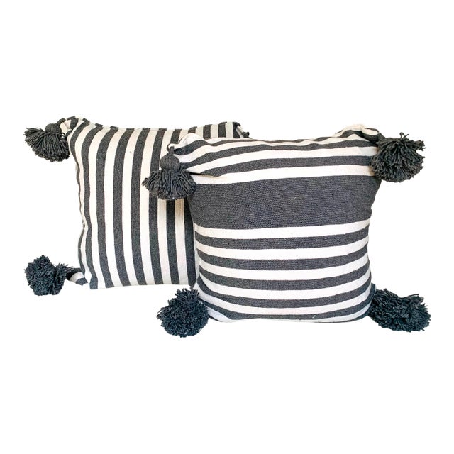 Moroccan Handloomed Pom-Pom Pillows, 19" x 19" - A Pair For Sale