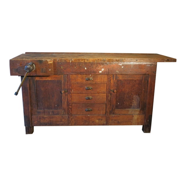 Antique Indsustrial Carpenters Workbench Table Kitchen Island