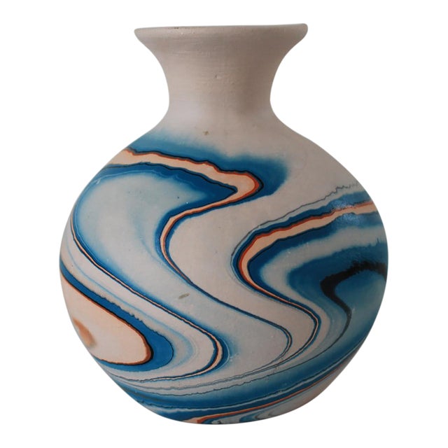 Vintage Unglazed Nemadji Blue & Orange Swirl Pottery Bud Vase For Sale
