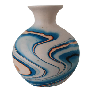 Vintage Unglazed Nemadji Blue & Orange Swirl Pottery Bud Vase
