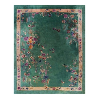 1920s Antique Large Room Size Chinese Hand Knotted Pile Green Field Art Deco Rug For Sale