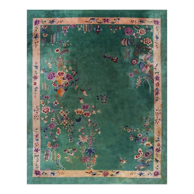 1920s Antique Large Room Size Chinese Hand Knotted Pile Green Field Art Deco Rug For Sale