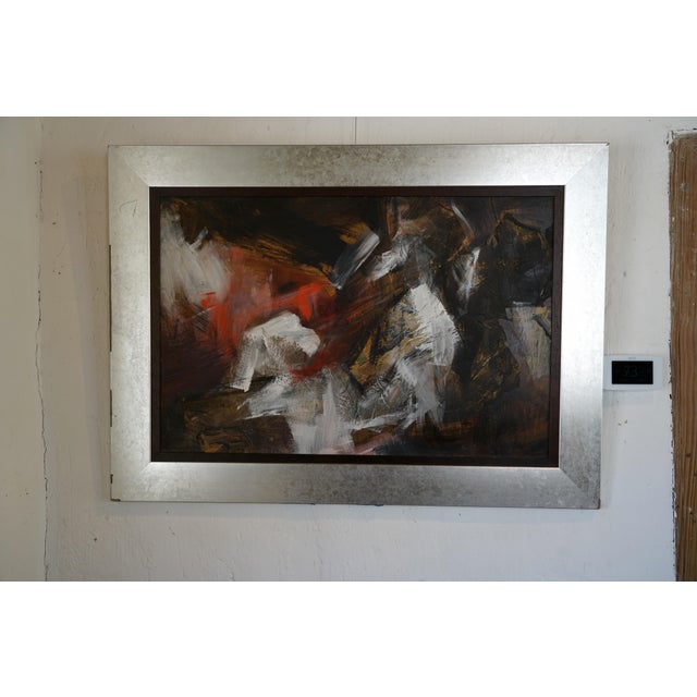 This striking mid-20th-century abstract painting by British artist John Pimlott, titled "Figures Before Barn," showcases...