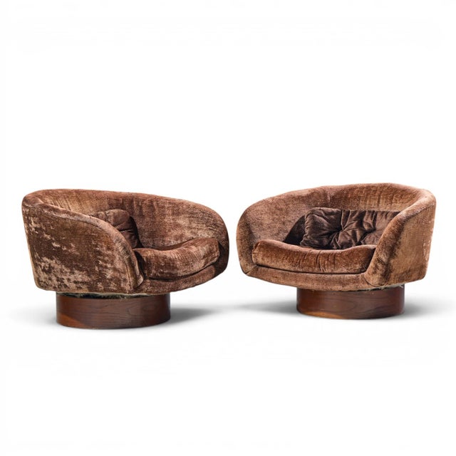 Milo Baughman for Thayer Coggin Mid Century Walnut Swivel Barrel Tub Chairs - Pair Each chair measures: 36 wide x 32.5...