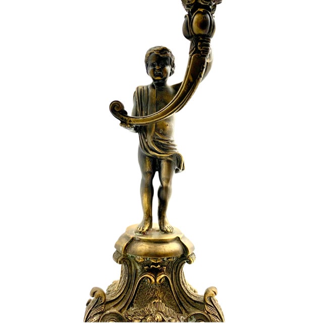 Bronze Late 20th Century Bronze Cherub Candelabra Pair on Marble Bases, Empire Style, 21.2"h For Sale - Image 8 of 10