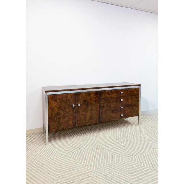 Mid-Century Modern Mid 20th Century Tomlinson Burlwood Credenza Chrome Details Doors Drawers, Buffet, Console For Sale - Image 3 of 18