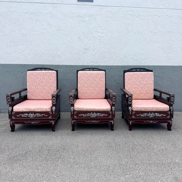 Chinese Chinese Rosewood With Mother of Pearl Inlay Lounge Chairs - Set of 3 For Sale - Image 3 of 12