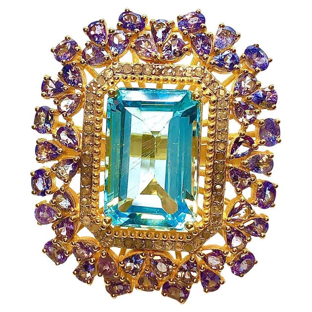 Bochic "Orient" Vintage Tanzanite, Topaz & Diamond Ring Set In 18K & Silver For Sale - Image 15 of 18