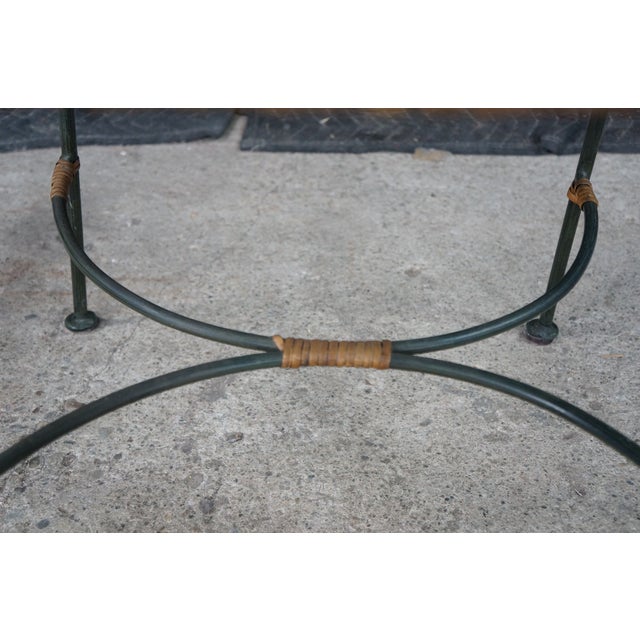 Pair Mid Century Modern Iron Wicker Patio Chairs Vintage Wrought Iron Dining Armchairs For Sale - Image 15 of 18