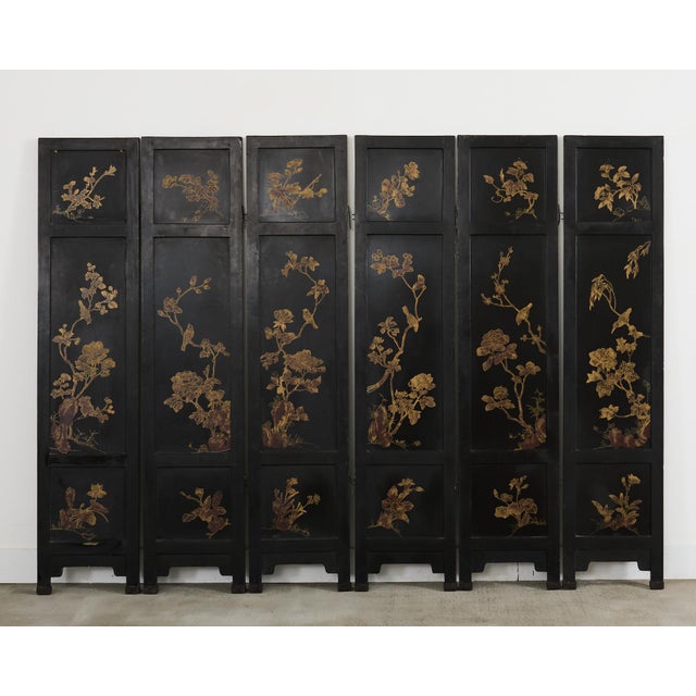 Chinese Six-Panel Carved Hardstone Lacquered Coromandel Screen For Sale - Image 12 of 12