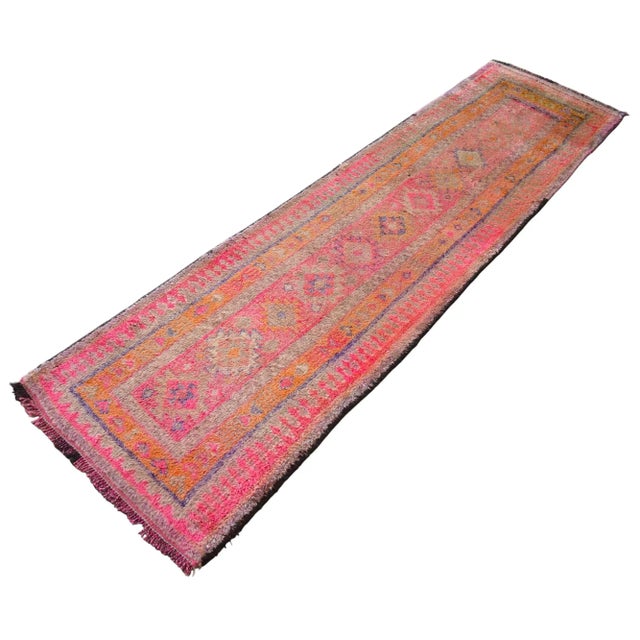 Hand-Knotted Turkish Kurdish Rug Pink Runner. High Pile Tribal Short Runner 2′8″ × 10′2″ For Sale - Image 6 of 12