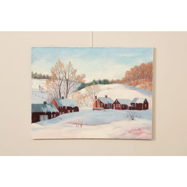 Vintage Original Artwork by Ann Yost Whitesell (American/Pennsylvania, 20th C.), Red Houses in Winter Snow Town Landscape,...