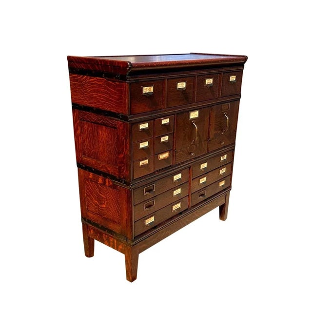 Wood Early 20th Century Antique Arts & Crafts Tiger Oak Stacking File Cabinet - Index & Document Drawers For Sale - Image 7 of 12
