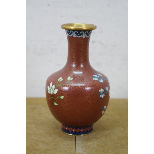 Vintage Chinese Brass Cloisonne Enamel Cherry Blossom Bud Vase Urn 6" For Sale - Image 4 of 12