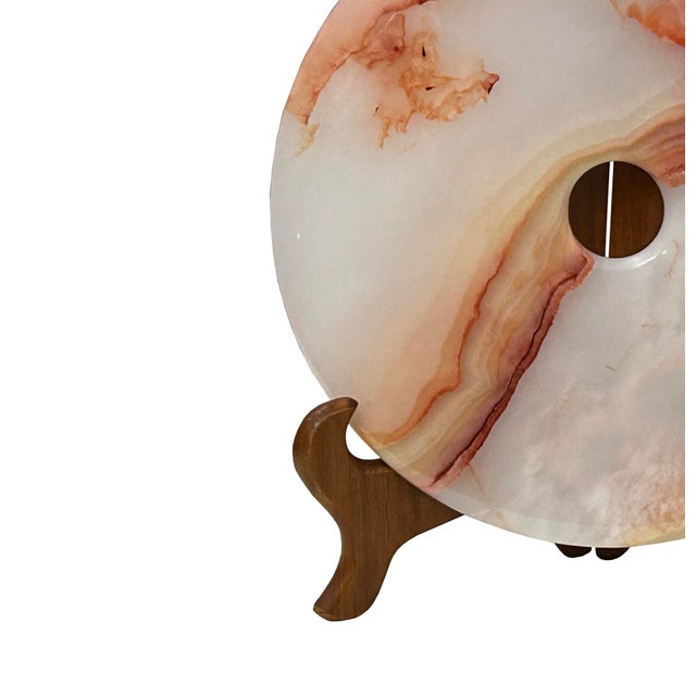 9.75" Natural White Brown Onyx Stone Round Fengshui Home Decor Display For Sale - Image 10 of 16