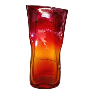 2004 Signed Blenko Tangerine Medium "Paper Bag" Art Glass Vase - Model 8813m For Sale