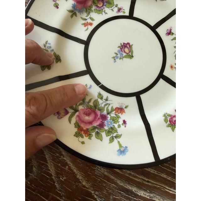 1910s Crown Staffordshire Fine Bone China Salad Plates Black Art Deco Bands With Floral Bouquets – Made in England -Set of Ten For Sale - Image 9 of 9