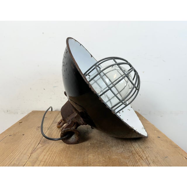 Industrial Black Enamel and Cast Iron Cage Pendant Light from Elektrosvit, 1960s For Sale - Image 15 of 18