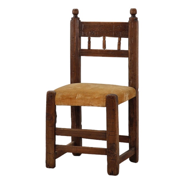 Spanish Hand-Carved Oak Side Chair with Velour Seat, 19th Century For Sale