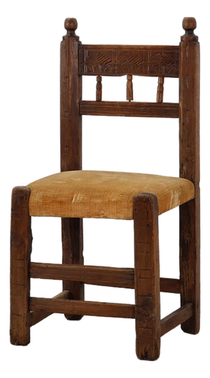 Spanish Hand-Carved Oak Side Chair with Velour Seat, 19th Century