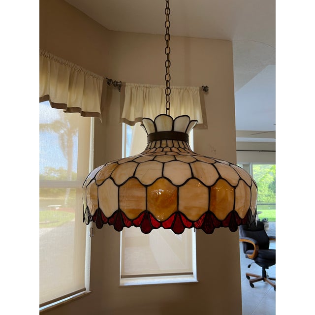 Mid-Century Modern 1970s Vintage Large Slag Glass Hanging Pendant Chandelier Light For Sale - Image 3 of 7
