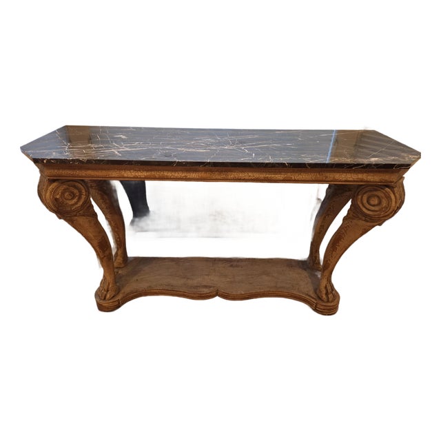 Charlie Trotter's Restaurant Auction Provenance Neoclassical Carved Console With Inset Black Marble Top For Sale