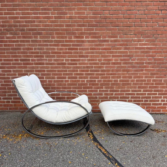 Designed by Renato Zevi for Selig in the 1970s, the “Ellipse” rocking lounge chair and matching ottoman feature a...