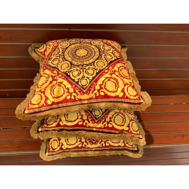 Vintage set of 3 atelier Versace multi color baroque velvet pillow size 18”18” with fringe show pieces vivid amazing 1990s