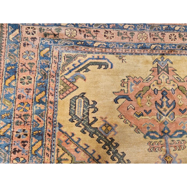 Vintage Turkish Oushak Rug, Geometric Pattern, Pale Yellow & Pink, 7' X 12' For Sale - Image 17 of 18