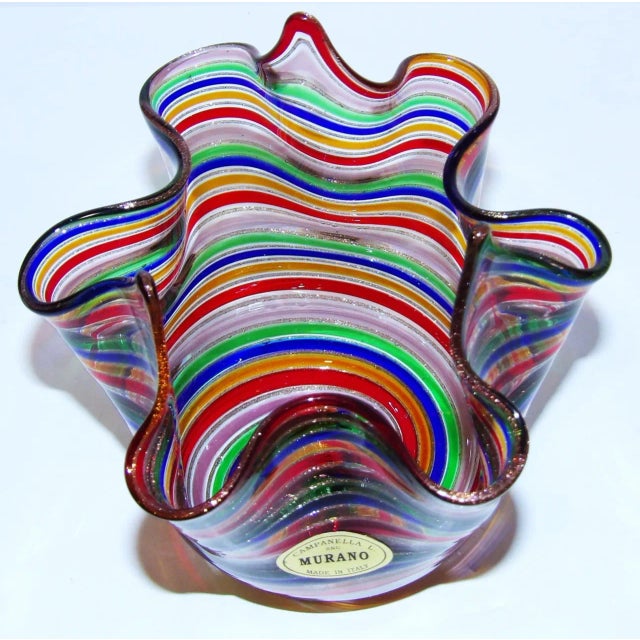 Mid-Century Modern 1980s MCM Murano Campanella Italy Art Glass Spiral Swirl Filigrana Fazzoletto 4 3/4" Vase For Sale - Image 3 of 6