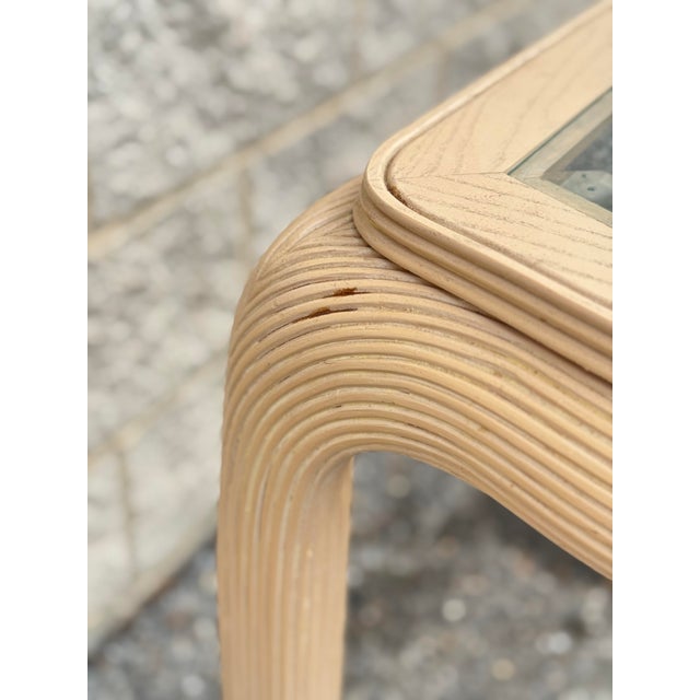 1970s Reed-Wrapped Console Table With Glass Top and Pair of Matching Stools For Sale - Image 9 of 10