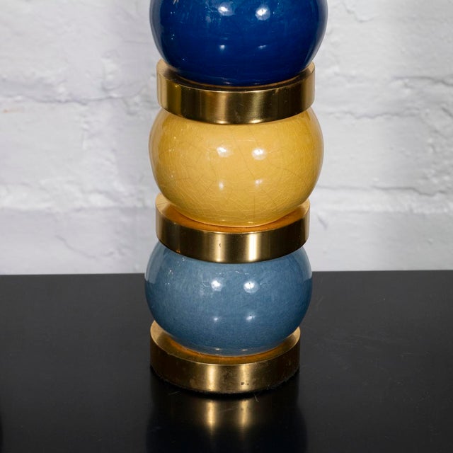 Metal Pair of multicolored ceramic and brass table lamps For Sale - Image 7 of 9