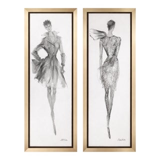 Late 20th Century Pair of Uttermost Framed Abstract Fashion Figure Sketch Prints – Tall Modern Minimalist Black & White Wall Art Panels For Sale