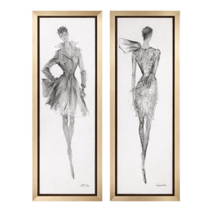 Late 20th Century Pair of Uttermost Framed Abstract Fashion Figure Sketch Prints – Tall Modern Minimalist Black & White Wall Art Panels