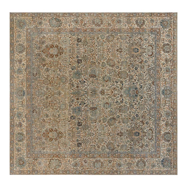Fine Antique Persian Kirman Beige, Blue, Brown Handmade Wool Rug For Sale