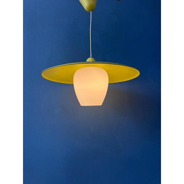 Mid-Century Modern Opaline Glass Pendant Lamp with Yellow Metal Shade For Sale - Image 3 of 13
