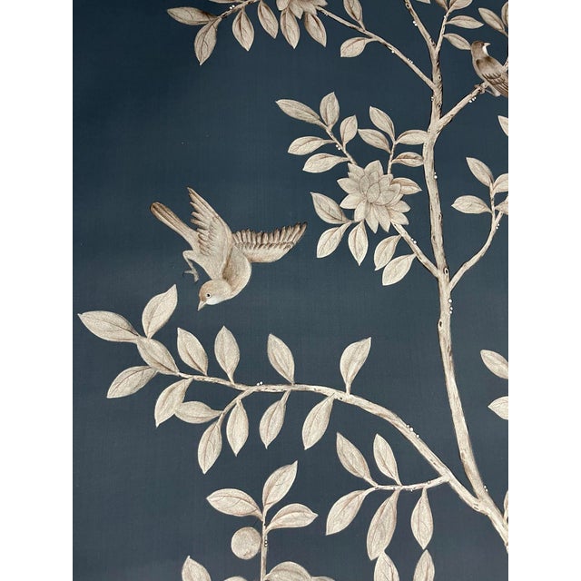 Ink Blue Custom Hand-Painted Mural | Chinoiserie Navy Floral Tree Bird Wallpaper Covering For Sale - Image 8 of 10