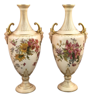 Blush Ivory Porcelain Vases with Floral Decoration from Royal Worcester, 1890s, Set of 2