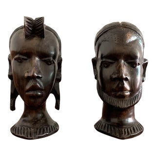 Vintage Carved African Ebony Heads - a Pair For Sale