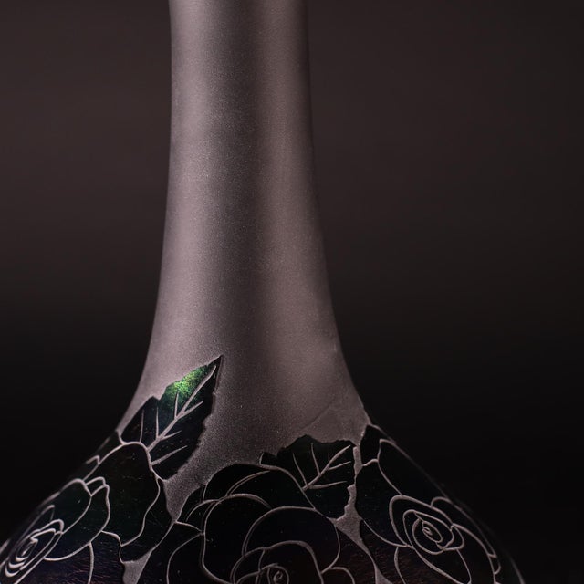 Glass Black Iridescent Amethyst Vase With Floral Design, Early 20th C., 13-Inch For Sale - Image 7 of 11