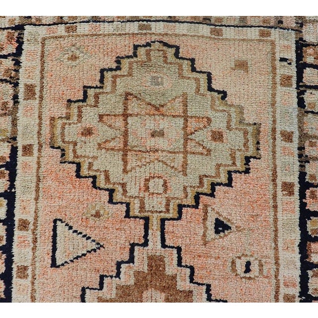 Vintage Turkish Oushak Runner With Medallion Design Outlined in Navy Blue For Sale In Atlanta - Image 6 of 11