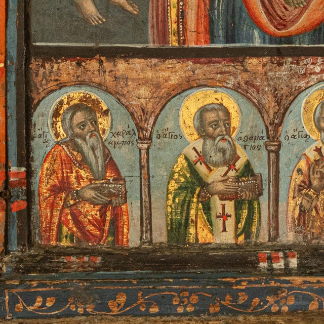 Antique 18thC Greek Orthodox Triptych Icon Virgin Mary & Saints Egg Tempera 1700 For Sale - Image 15 of 18