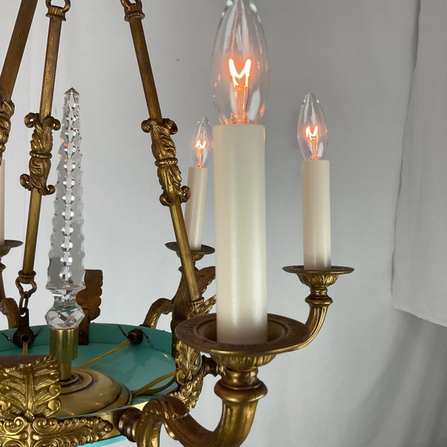 1950s Small Brass and Enamel Empire Chandelier For Sale - Image 9 of 14