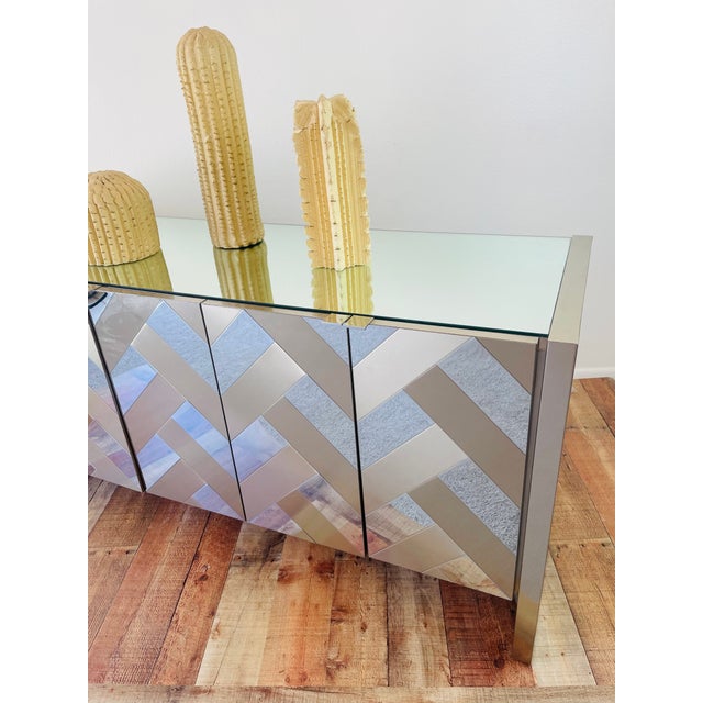 Vintage 1970s Ello Mirror & Brushed Metal Metal Mid Century Modern 5 Door Credenza Cabinet For Sale - Image 9 of 15