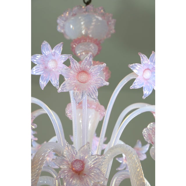 1960s Extraordinary Murano Glass Chandelier Adorned With Pink Flowers For Sale - Image 12 of 15