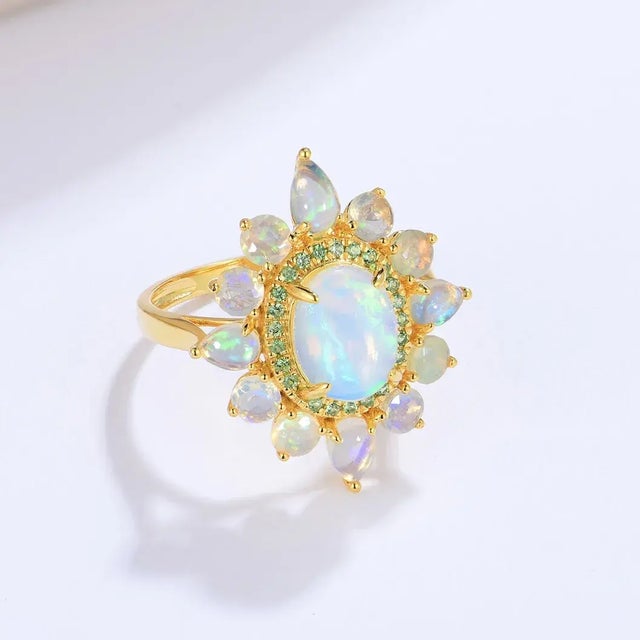 Green Kai Opal Tsavorite Cocktail Ring in 14k Solid Gold, size 7.5 For Sale - Image 8 of 12