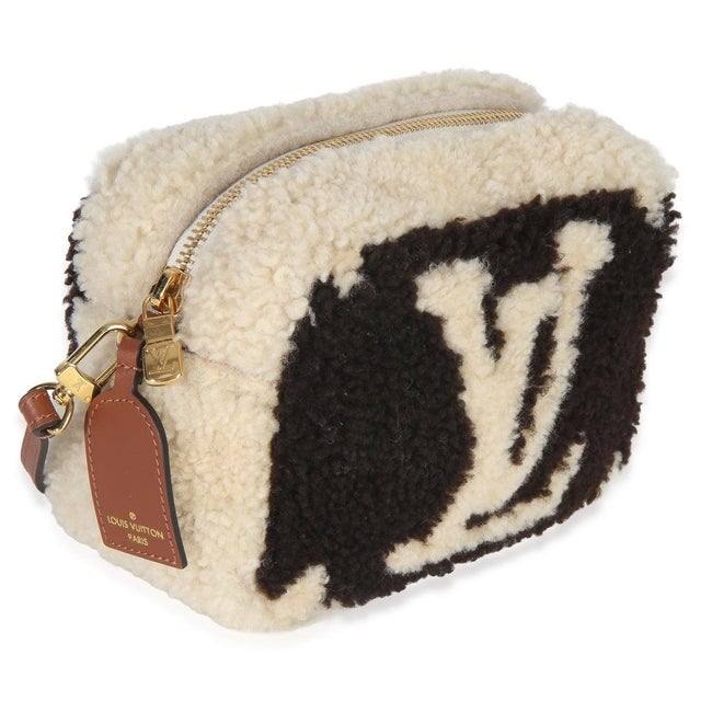 Contemporary Brown Beige Monogram Teddy Fleece Beach Pouch For Sale - Image 3 of 9