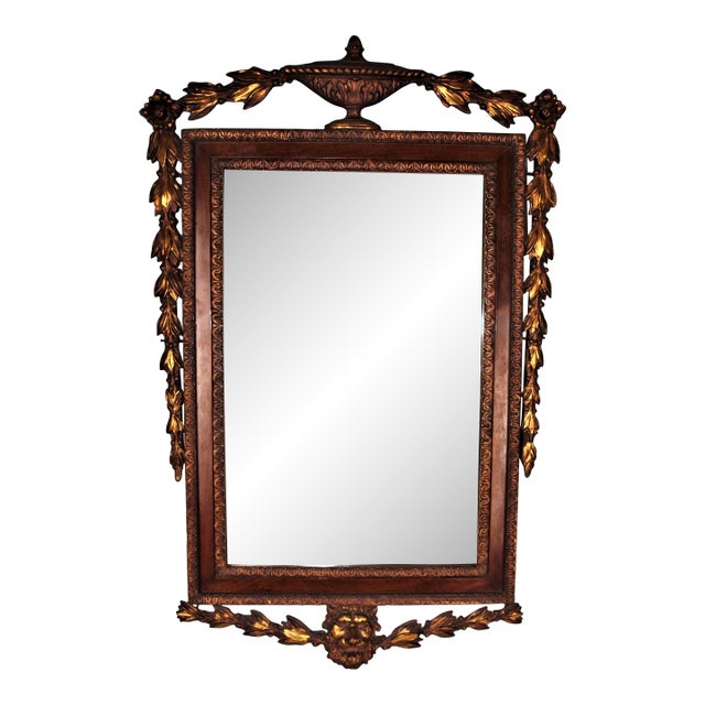Antique Neo-Classical Wooden Mirror With Gold Gilt Urn Leaves and Lion For Sale