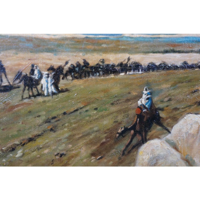 Late 20th Century Tiger on the Watch Camel Landscape Oil Painting After Jean Leon Gerome 46" For Sale - Image 10 of 13