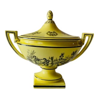 Vintage Yellow Black Toile Creil Ware Covered Tureen Italian Porcelain For Sale
